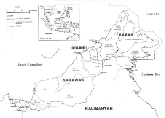 Map of northern Borneo, showing location of Sarawak and adjacent regions. Inset: locator map of south-east Asia.