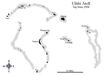 (b) Illustration of Ulithi Atoll depicting ‘turtle islands’ located southeast of Falalop.