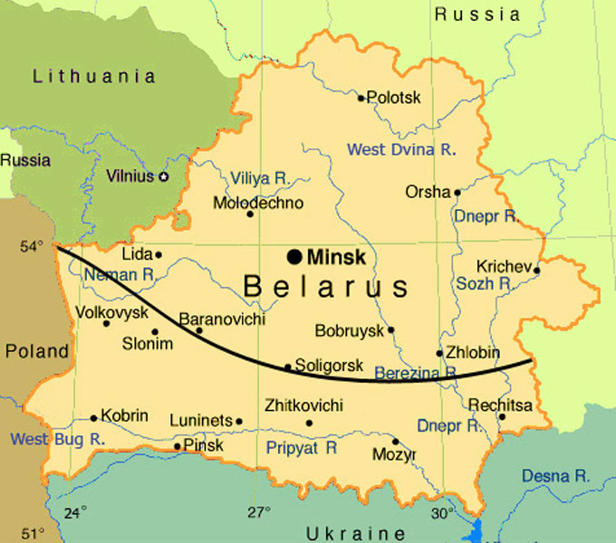 Fig. 1. Current border of geographical range of <i>Emys orbicularis</i> in Belarus.